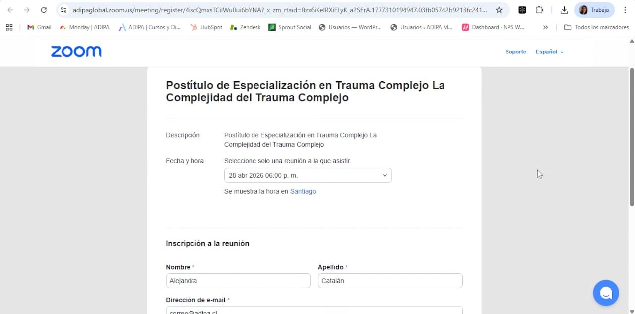Seleccionar el día de la clase en el formulario de registro